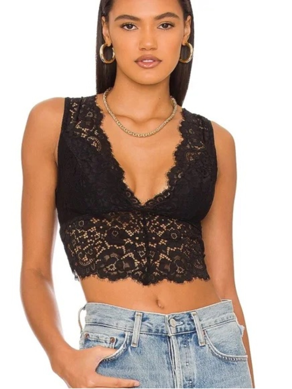 Free People Black Lace V-Neck Cropped Bralette new with tags size Large